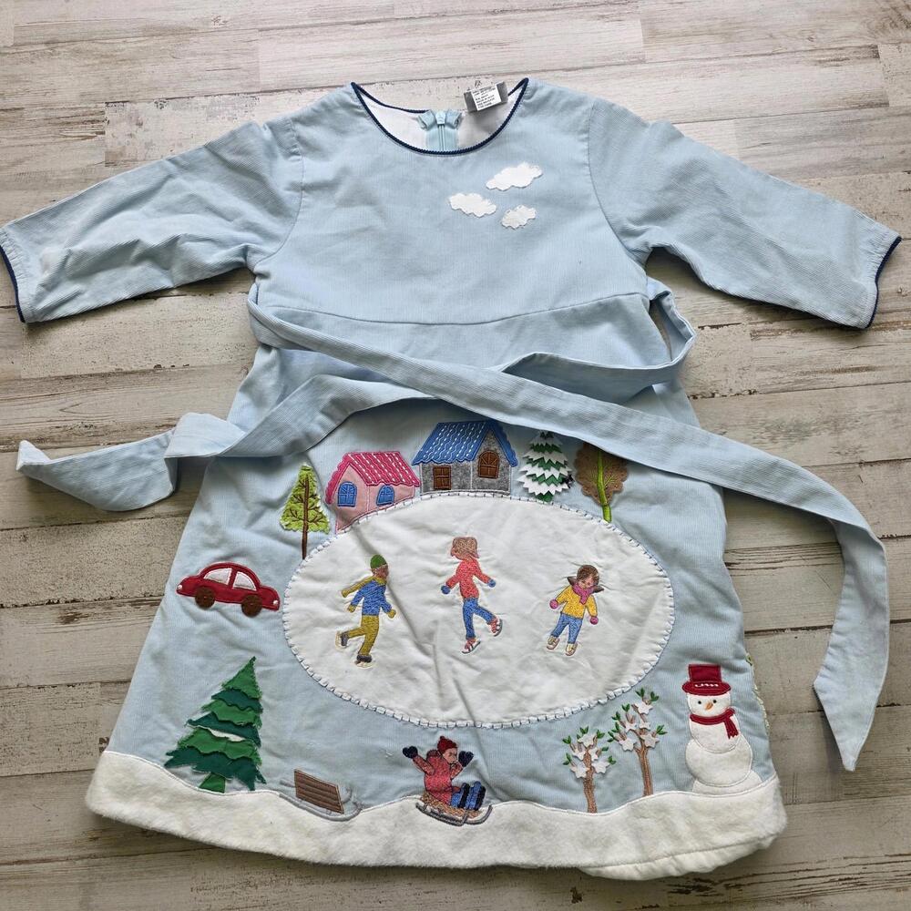 Cotton Kids Vintage Winter Scene Applique Dress Ice Skating Holiday 4T Corduroy
